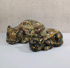 2 Vintage Japanese Satsuma Sleeping Cats Figurines Pair Kutani Hand Painted picture