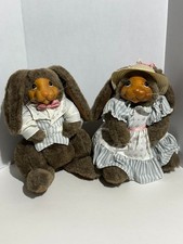 1987 Vintage Robert Raikes Plush Rabbit Bunny Wooden Face Boy & Girl set Number picture