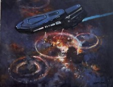 Original New Sci Fi Painting UFO Invasion Spaceship Laser Acrylic/Canvasboard picture