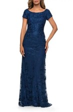 La Femme Navy Blue Shimmer Floral Embroidered A-Line Gown Size 8 $575 picture