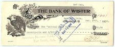 1908 Bank of Wister Red Oak OK Check, Eagle Design picture