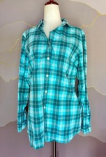 L.L.Bean Women M Teal Aqua Plaid 100% Cotton Button Down Flannel Shirt picture