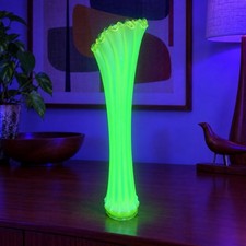 MCM Fostoria Heirloom Yellow Opalescent Uranium Vaseline Glass Swung Floor Vase picture