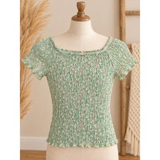 Mint Green Smocked Floral Flutter Sleeve Top Girls Size 8 picture