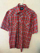 Wrangler Men's L Red Blue Gray Plaid Short Sleeve Point Collar Button-Up Pockets picture