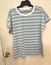 Women's Blue/White Striped T-Shirt Size S Short Sleeve Round Neck Pullover picture