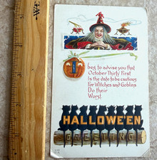 Embossed Halloween Witch & Cats Postcard Multicolor Paper 3.5x5.5 H-22 picture