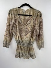 Cache Small Top Blouse Tan Snake Print Animal Tassel Ruched Waist A56-06 picture