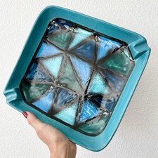 Mid Century Modern Aldo Londi Vetrata Bitossi Italy Teal Ceramic Ashtray RARE picture