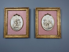 Antique Bisque Porcelain Wall Plaques Pair, French Rococo Gilt Framed Romantic picture
