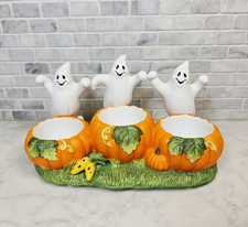 PartyLite Ghost Trio Halloween Pumpkin Ceramic Tealight NIB Holder 8.5in Boxed picture