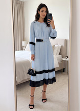 Reiss Tori Petite Light Blue Navy Long Sleeve D-Ring Belt Dress in Size 10 picture