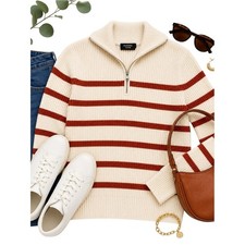 Monoprix Femme Ivory Rust Stripe Ribbed Half Zip Sweater XS French Knit Top Chic picture