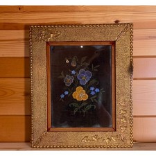 Antique 1880s Velvet Pansy Floral Painting Ornate Gilt Frame 23x19 picture