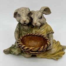 Chrisdon Rabbit Couple Holding Basket Figurine Resin Statue Vintage Easter Decor picture