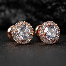 Elegant Round Cut Halo Rose Gold 925 Sterling Silver Unisex Small Stud Earrings picture