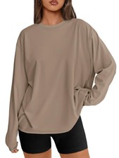 Trendy Queen Womens Oversized Long Sleeve T Shirt Basic Tee Khaki Size L picture