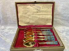Rare Vintage 1970 Set Tea Spoons Enamel USSR Sterling Silver 875 Enamel Box  picture
