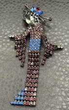 Vintage Geisha Girl 4” Brooch Pin Rhinestone Crystal Red Blue Dangle Silver Tone picture