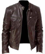 Cafe Racer Biker Leather Jacket  Black & Brown Soft Sheep Skin Leather  picture