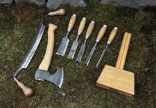 Hand Forged Woodworking Tools Set Chisels Axe Adze Mallet Leather Roll Kit picture