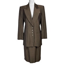 NWT 90s Kasper Midi Skirt Suit Set 12 10 Brown Long Blazer Business Powersuit picture