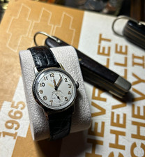 Elgin Shockmaster Manual Mechanical Vintage Watch White Dial Black Leather Strap picture