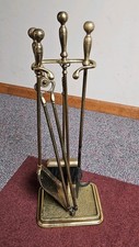 Heavy Antique 4 pc Solid Brass Fireplace Set with Stand Vintage Colonial Revival picture