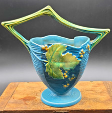 Roseville Art Pottery Vase 370-8 Blue Green Leaf Floral Handle Signed 8 in picture