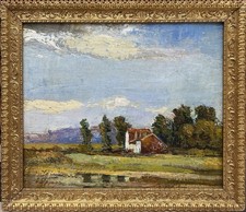 Original Impressionist School Antique Oil Painting Houses Landscape Framed picture