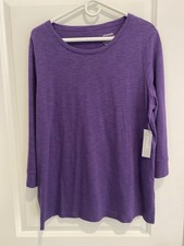 Chico’s Woman’s “The Ultimate Tee”  Size 2 Purple 3/4 Sleeve Back Button Top NEW picture