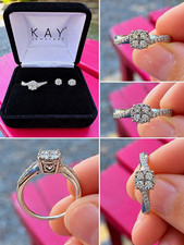 Kay Jewelers 10K White Gold Natural Diamond Cluster Ring Size 6 Clear Round picture