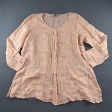 Flax Women Peach 100% Linen Button Front Tunic Top Pockets Size M picture