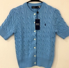 Polo Ralph Lauren Women’s Cable Knit Short Sleeve Cardigan Blue S picture
