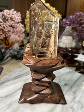 Citrine freeform with calcite and rainbows on custom sandalwood stand picture