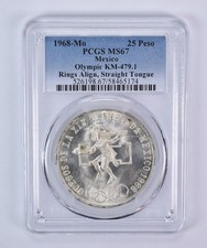 1968 Mo Mexico 25 Pesos Silver Olympic Align Straight Tongue KM-479.1 MS67 PCGS picture