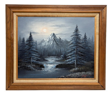 Vintage Signed Chapman Oil Painting Mountain Landscape Winter Scene Framed 26x22 picture