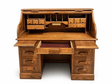 Stuart’s Oak Roll Top Desk Vintage Tambour Executive Pedestal Desk Office Qual picture