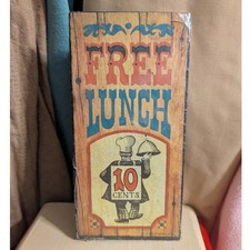 Vintage 1973 Wallace Berrie Free Lunch 10 Cents Wood Wall Plaque Sign 70s Decor picture