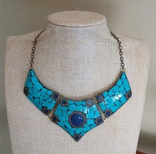 Vintage Genuine Turquoise And Lapis Lazuli Inlay Brass Statement Necklace picture