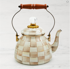 MacKenzie-Childs Mocha Check Tea Kettle Enamel Steel Stovetop Teapot picture