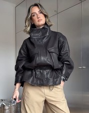 H&M STUDIO BLACK LEATHER PEPLUM JACKET Sz Small Free delivery. BNWT picture