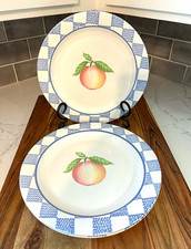 Set of 3 Vintage Pfaltzgraff Hopscotch Fruit Peach Dinner Plates Blue Check Rim  picture