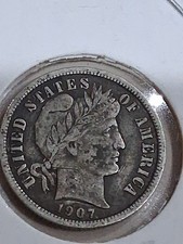 1907 Barber Dime 90% Silver 10C Philadelphia Fine Circulated U.S. Coin Item S14B picture