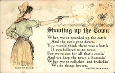 Cowgirl Shooting Up the Town Gun c1900s-10s Vintage Postcard picture