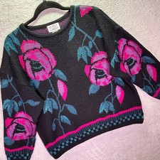 Vintage Koret Career Women Sweater 42 Large Black Pink Floral Rose Oversized 80s picture