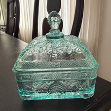 Vintage Tiara Indiana Glass Bee Box  Aquamarine Square Dish 1970s picture