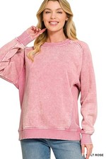 ZENANA  LT ROSE ACID WASH FLEECE CREWNECK PULLOVER SWEATSHIRT SIDE RIB DETAIL picture