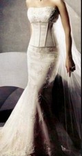 2 piece Oleg Cassini Champagne Satin Strapless a line Lace Beaded Corset Gown 12 picture