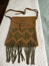 Women's Brown All-Leather Buckle Closure Tote Bag with Woven  Design and Fringe  picture